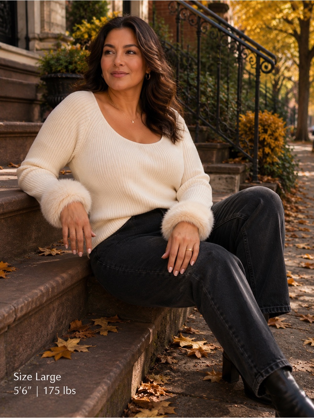 Cassin New York Cream Ribbed Sweater with Mink / Fur Cuffs Lg (plus)
